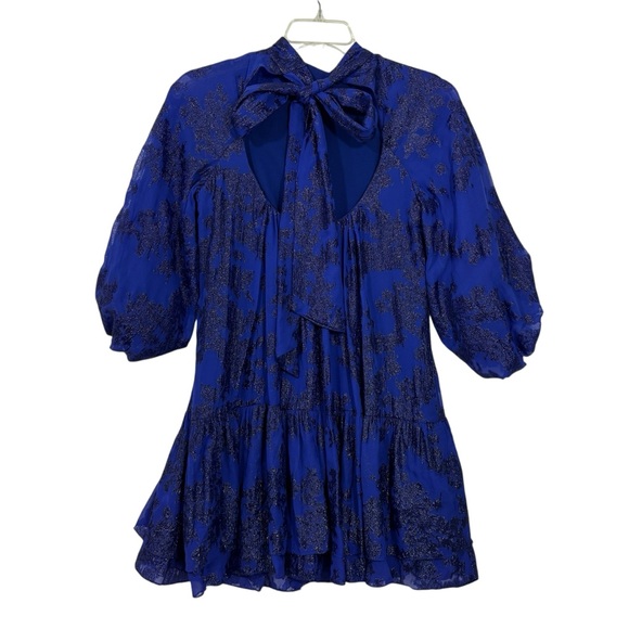 MONIQUE LHUILLIER blue puff sleeve tie back shift dress 6 S - Picture 5 of 11